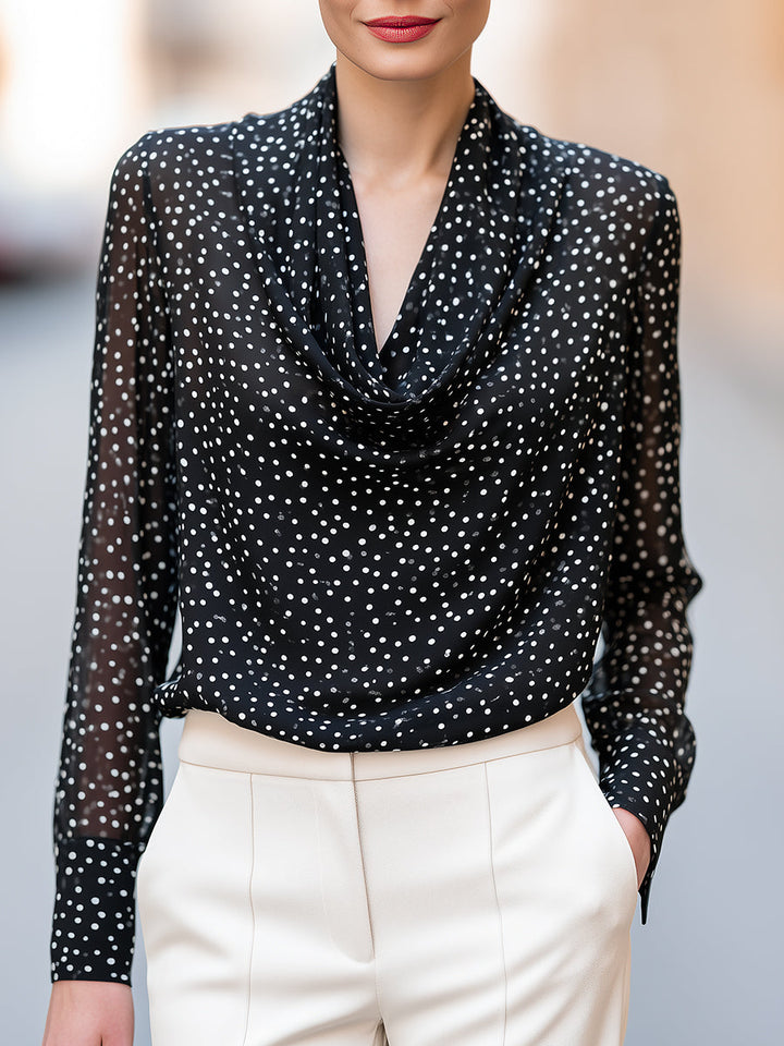 Polka Dot Cowl Neck Long Sleeve Chiffon Blouse