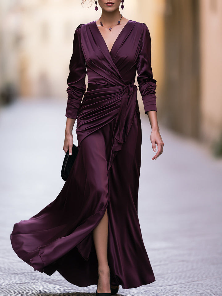 Elegant Satin V-Neck Wrap Maxi Dress with Long Sleeves