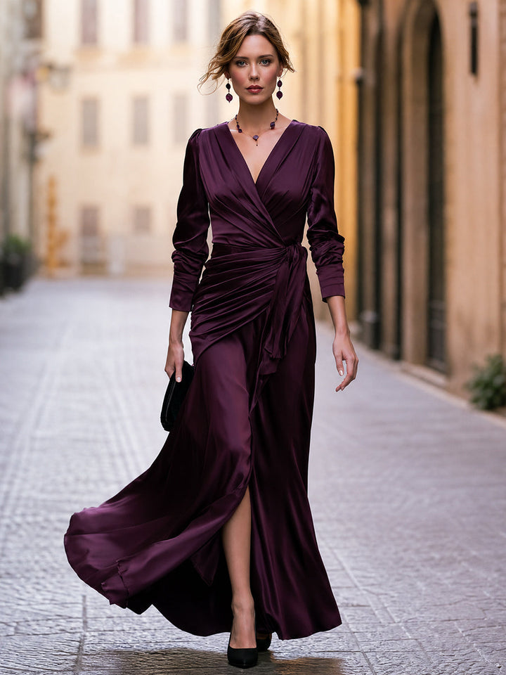 Elegant Satin V-Neck Wrap Maxi Dress with Long Sleeves