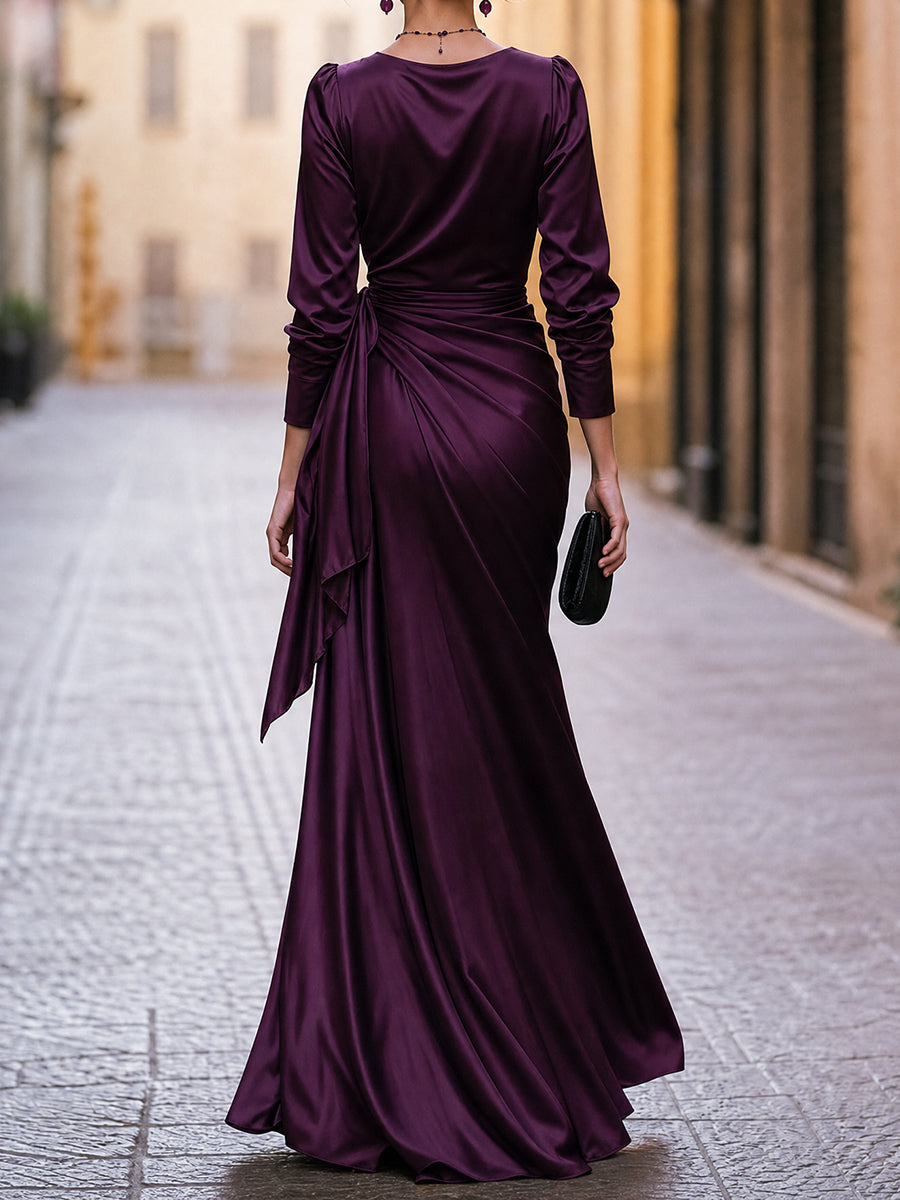 Elegant Satin V-Neck Wrap Maxi Dress with Long Sleeves