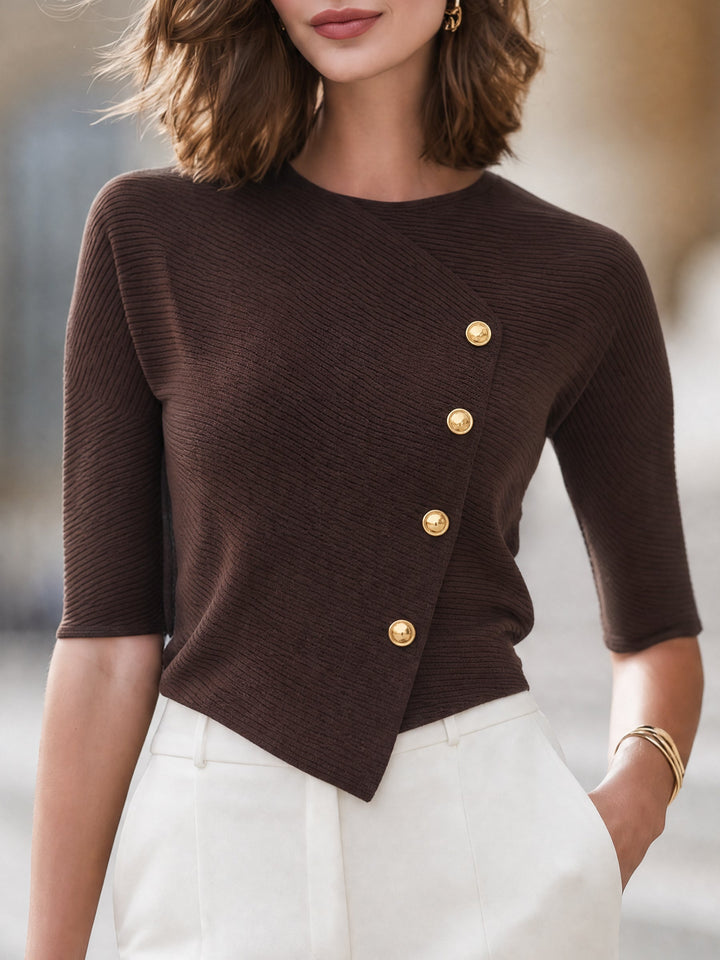 Asymmetric Button-Accent Ribbed Knit Top