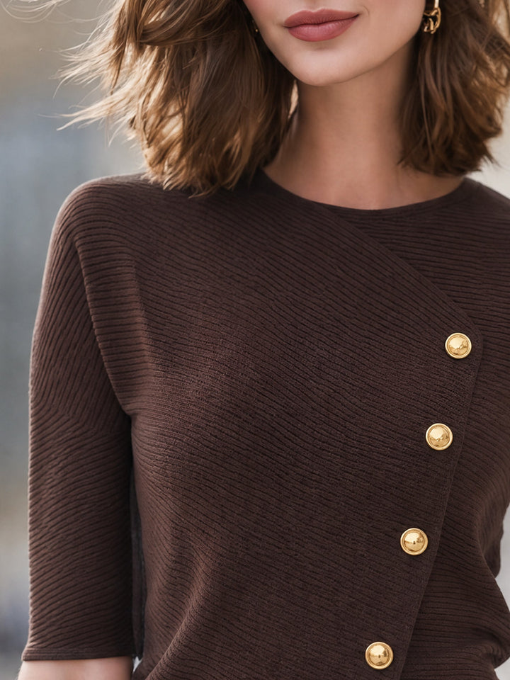 Asymmetric Button-Accent Ribbed Knit Top