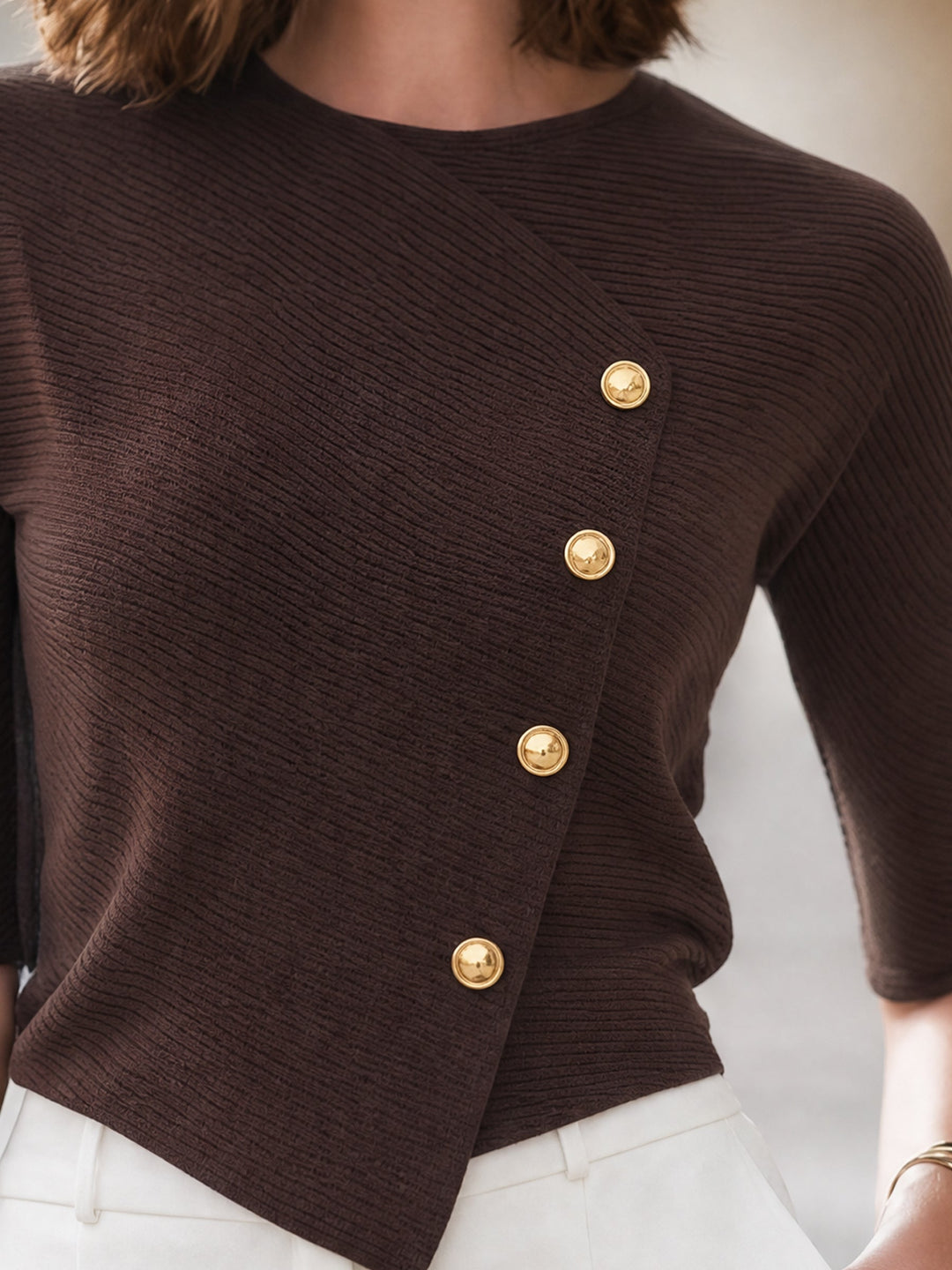 Asymmetric Button-Accent Ribbed Knit Top