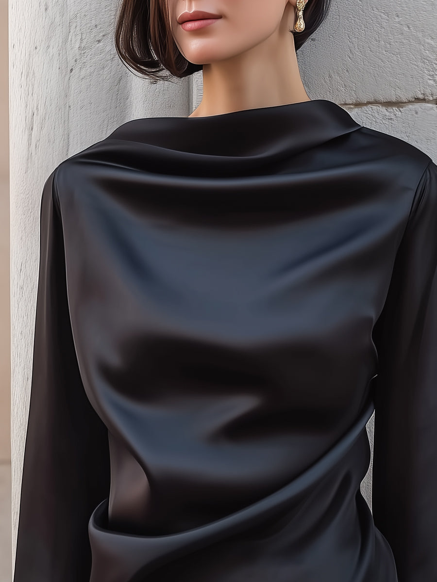 Asymmetrical Draped High Neckline Satin Blouse