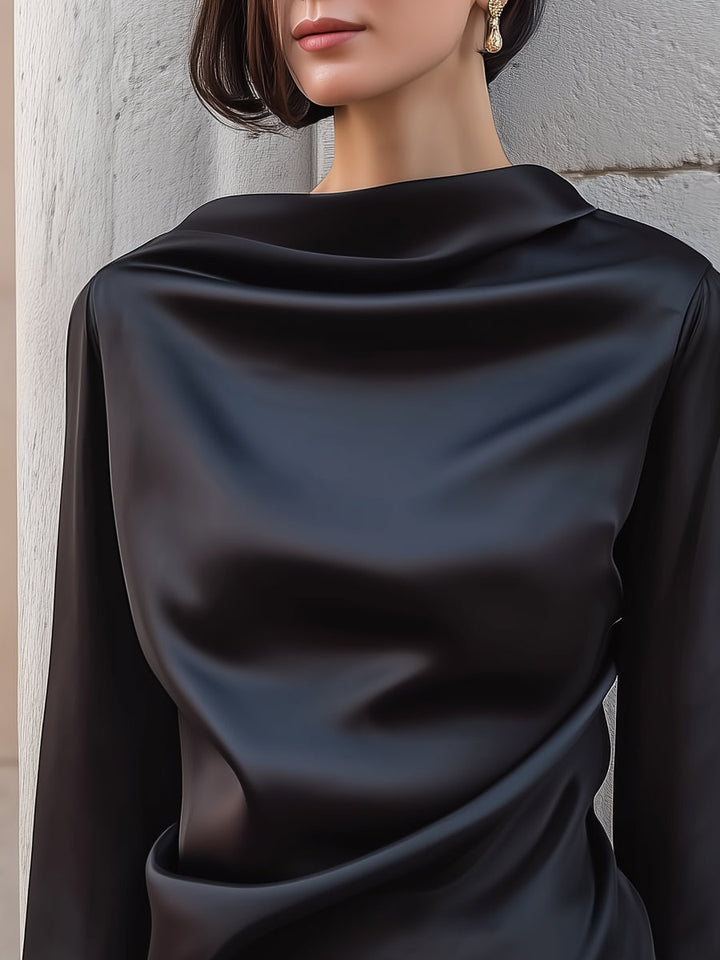Asymmetrical Draped High Neckline Satin Blouse