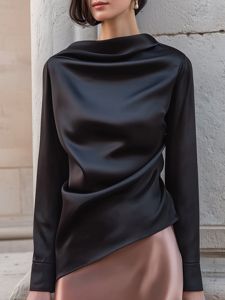 Asymmetrical Draped High Neckline Satin Blouse