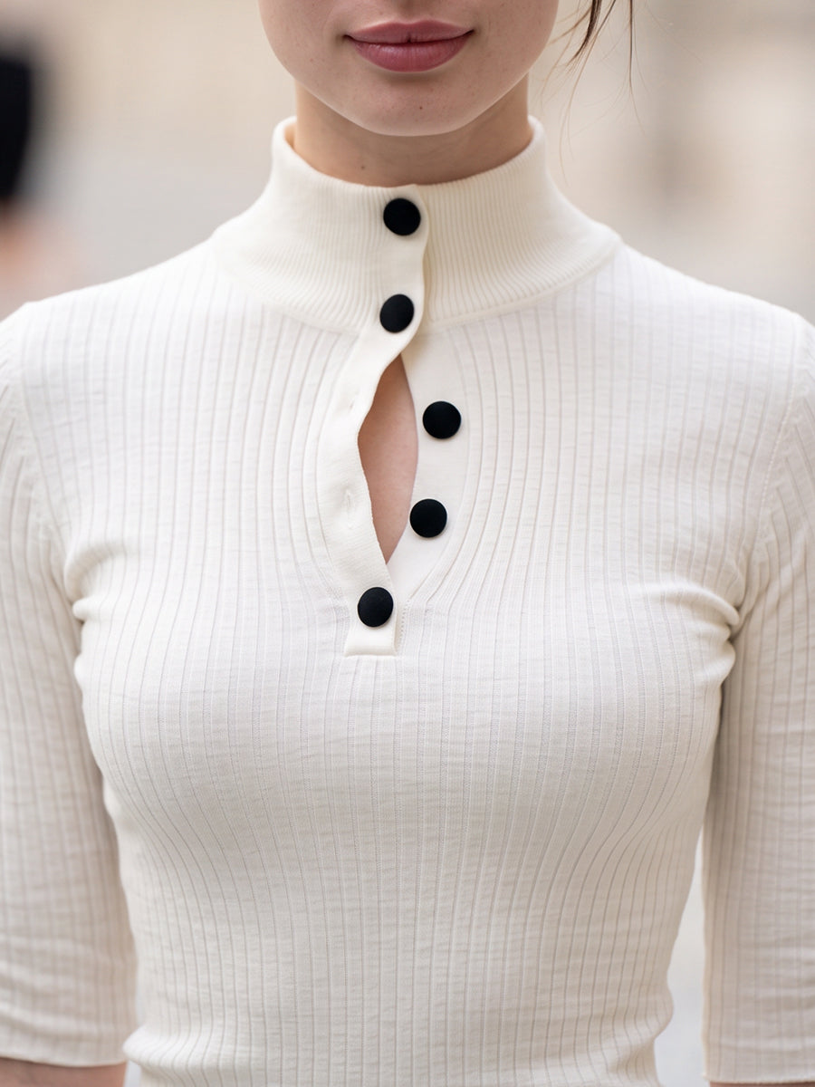 Button-Placket Ribbed Mock-Neck Knit Top