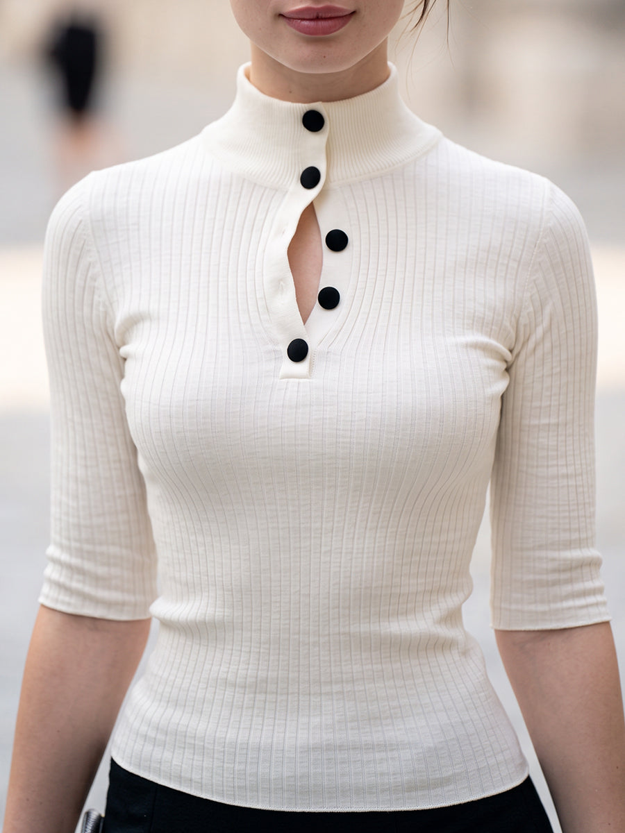 Button-Placket Ribbed Mock-Neck Knit Top