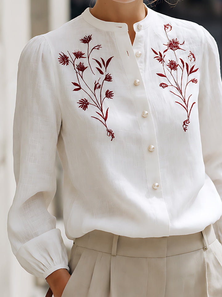 Embroidered Linen Button-Up Blouse