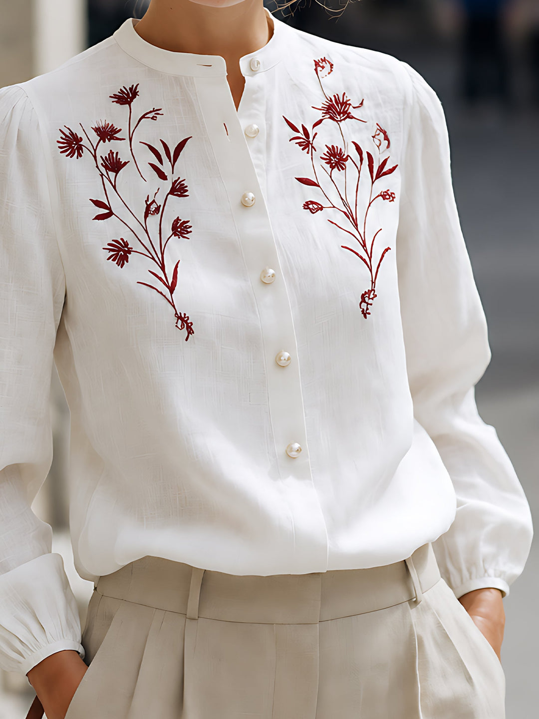 Embroidered Linen Button-Up Blouse
