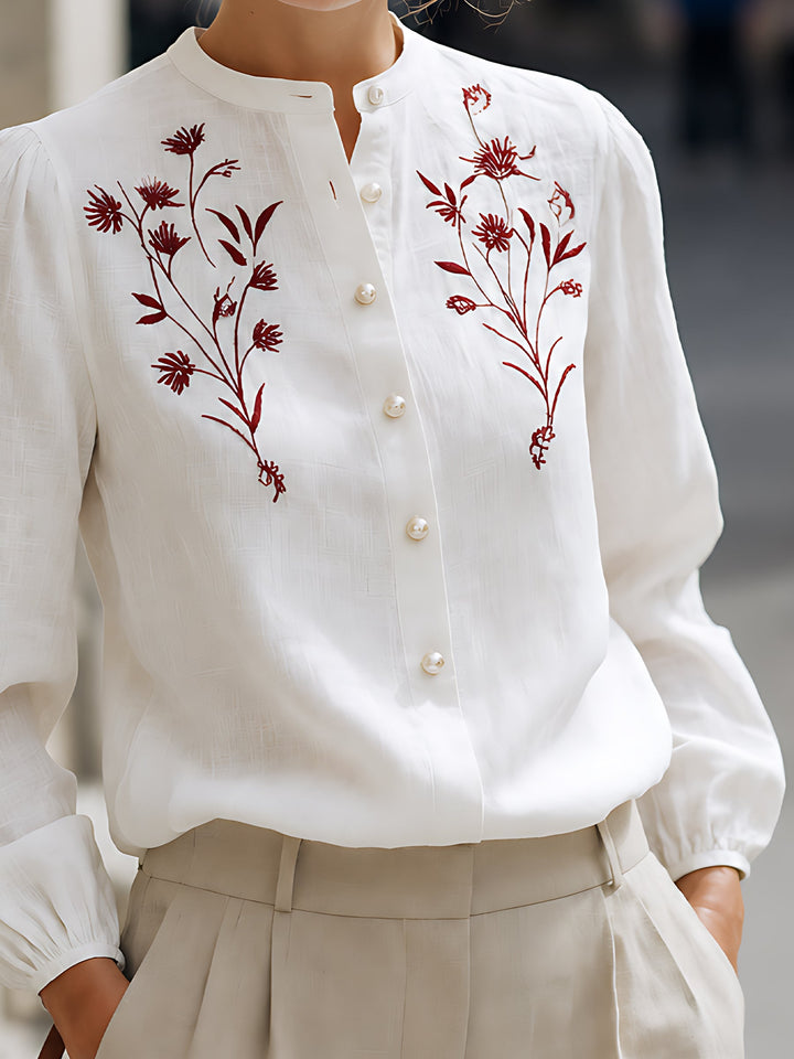 Embroidered Linen Button-Up Blouse