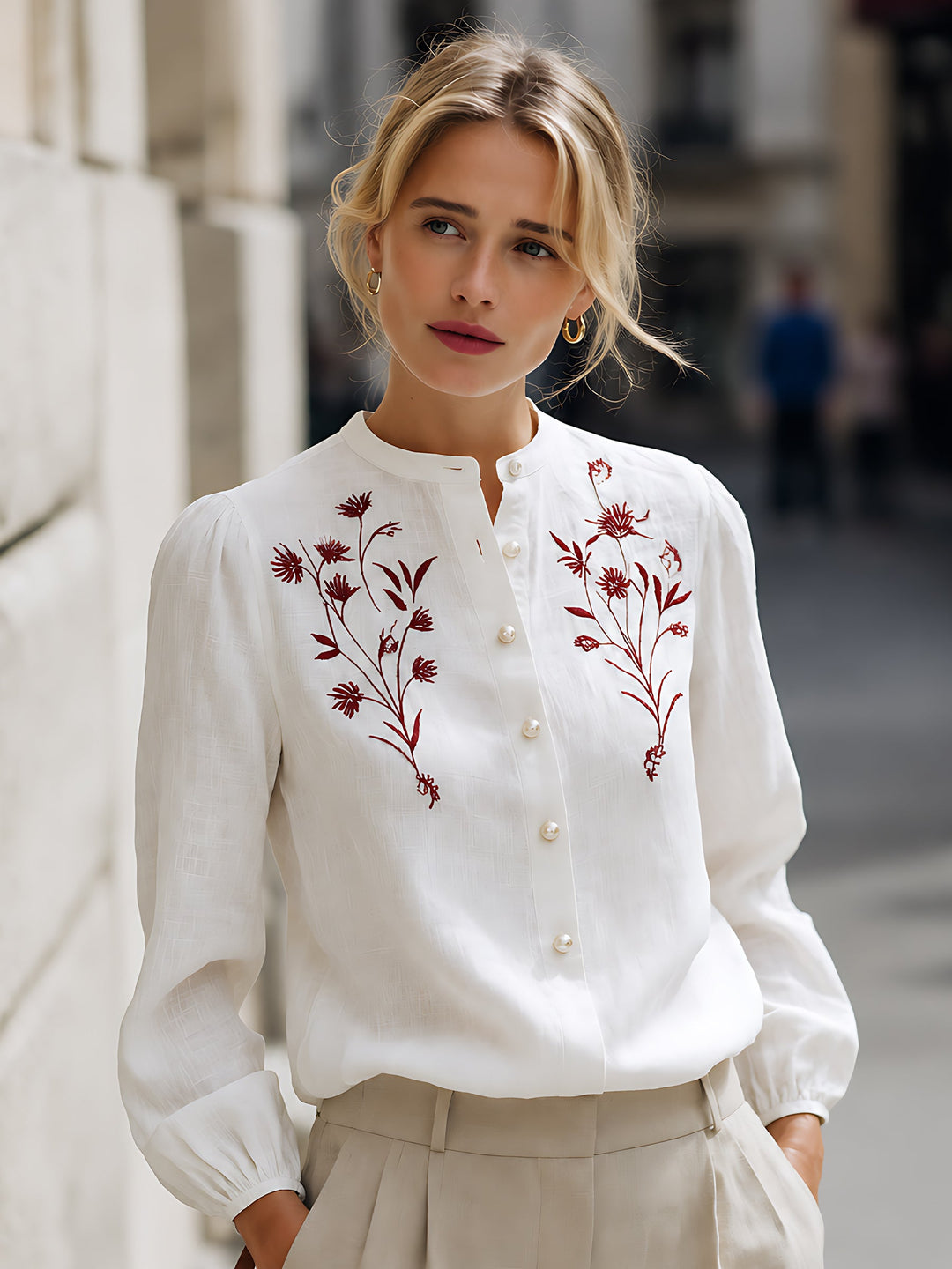 Embroidered Linen Button-Up Blouse