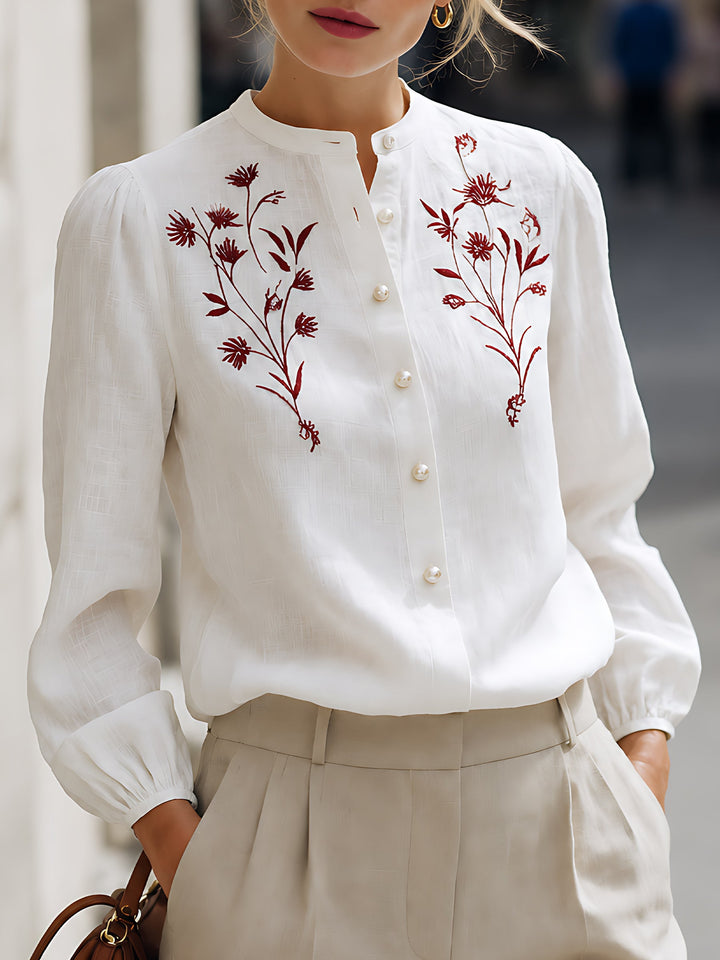 Embroidered Linen Button-Up Blouse