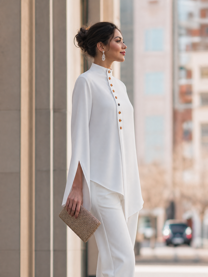 Asymmetrical Button Split Long Sleeves Blouse