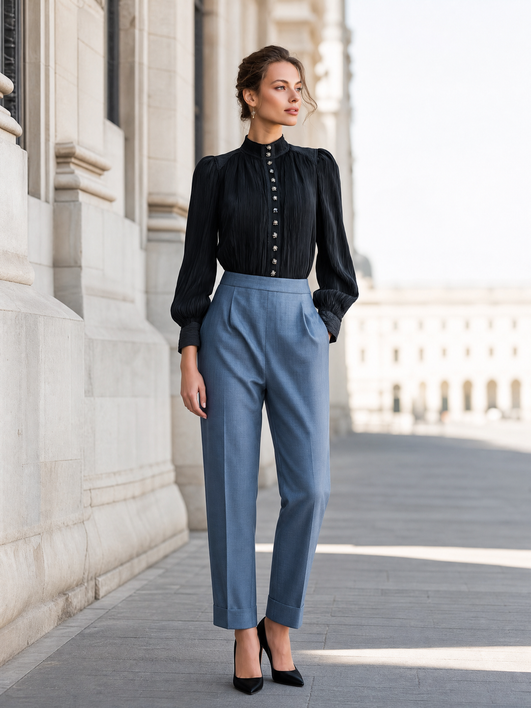 Pleated Stand Collar Front Buttons Blouse