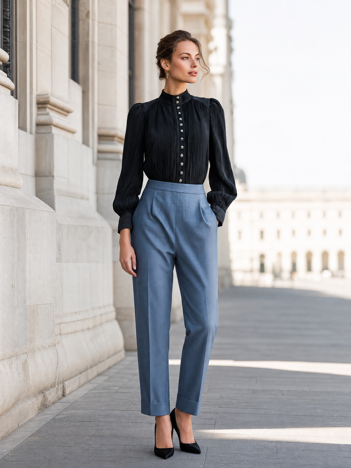 Pleated Stand Collar Front Buttons Blouse