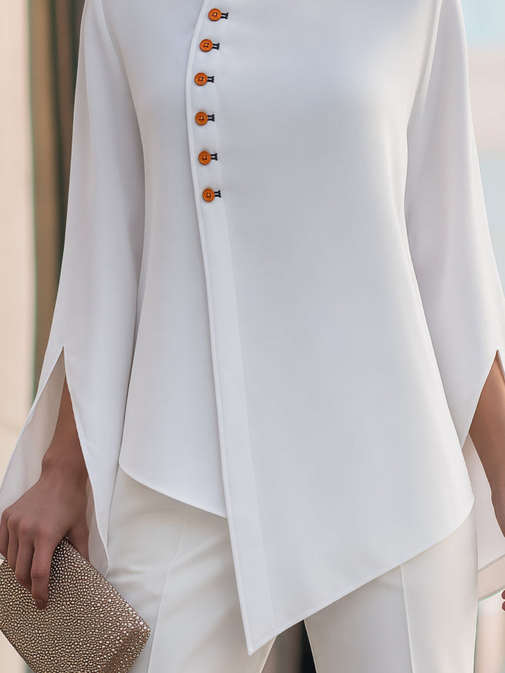 Asymmetrical Button Split Long Sleeves Blouse