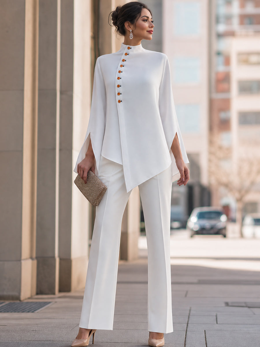 Asymmetrical Button Split Long Sleeves Blouse