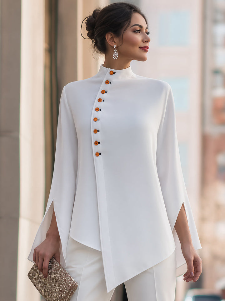 Asymmetrical Button Split Long Sleeves Blouse