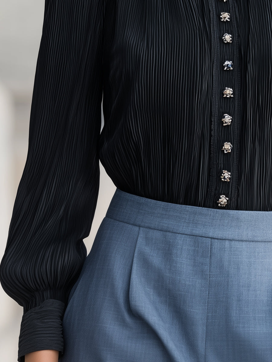 Pleated Stand Collar Front Buttons Blouse