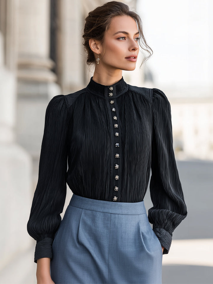 Pleated Stand Collar Front Buttons Blouse