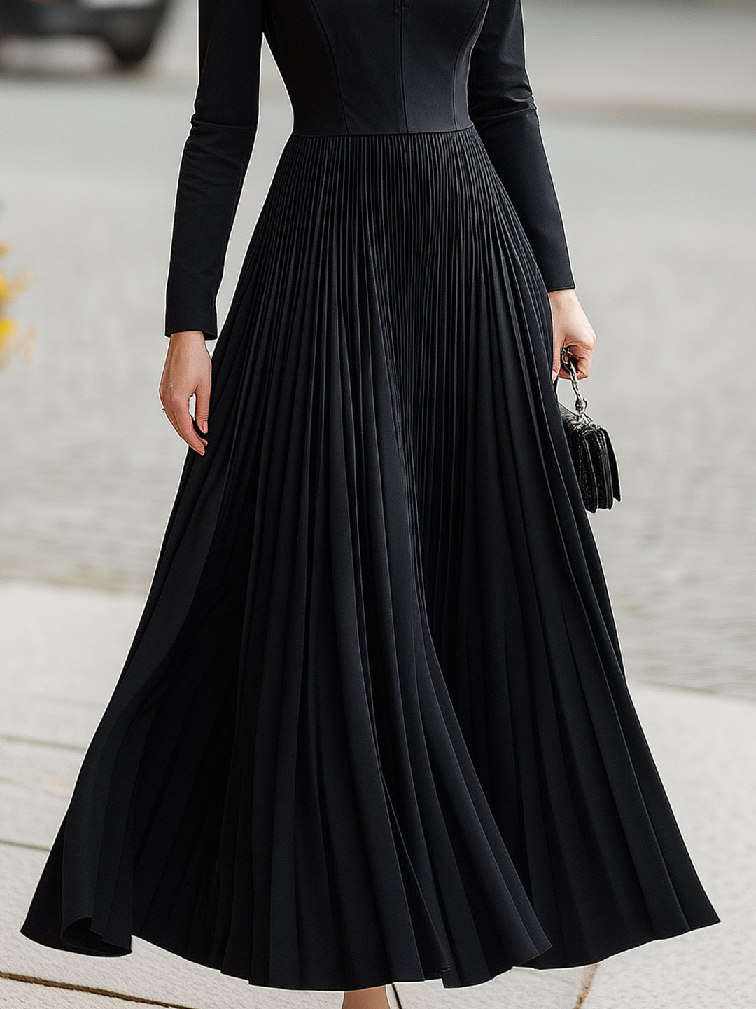 Pleated Shirt-Collar Maxi Dress