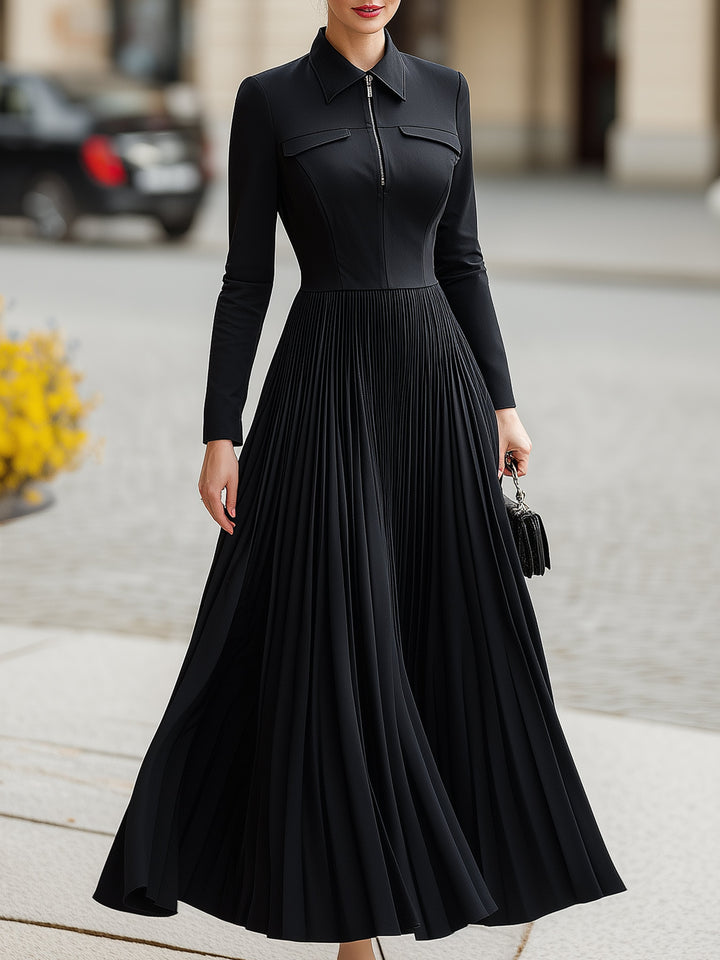 Pleated Shirt-Collar Maxi Dress
