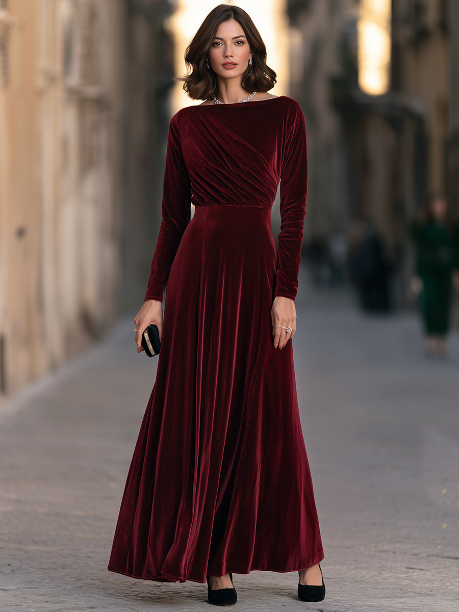 Elegant Ruched Velvet Long-Sleeve Maxi Evening Gown