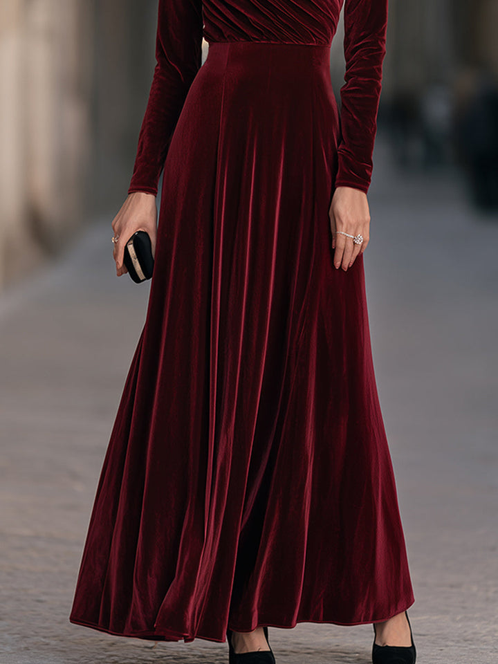 Elegant Ruched Velvet Long-Sleeve Maxi Evening Gown