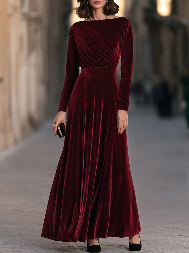 Elegant Ruched Velvet Long-Sleeve Maxi Evening Gown