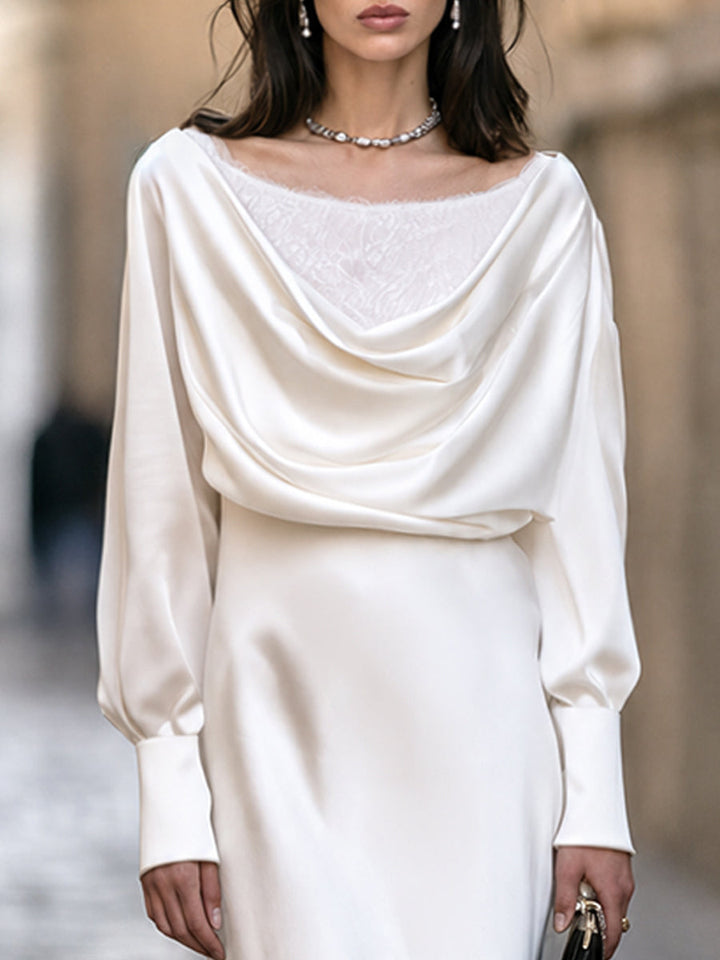 Elegant Draped Satin Cowl Neck Panel Lace Maxi Dress