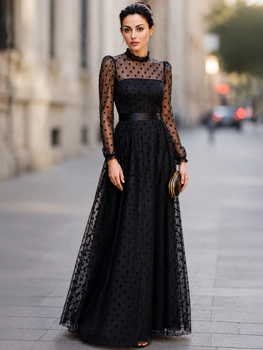 Elegant Polka Dot Mesh Long Sleeve Maxi Dress