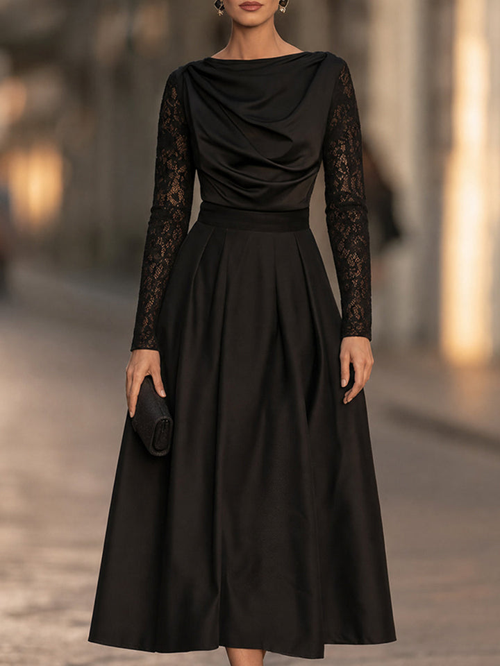 Elegant Draped Cowl Neck Satin Lace Sleeves Midi Dress