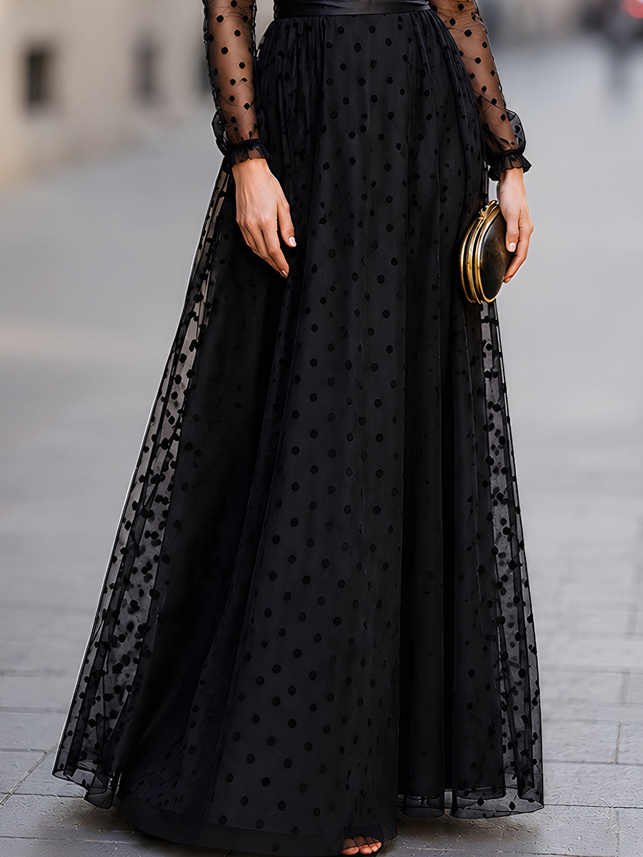 Elegant Polka Dot Mesh Long Sleeve Maxi Dress
