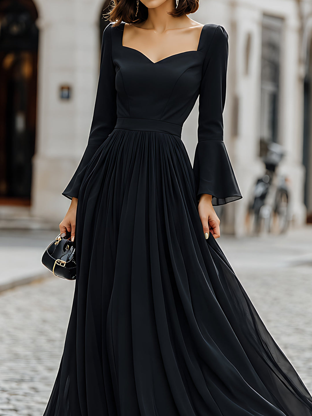 Flared-Sleeve Sweetheart-Neck Formal Maxi Dress