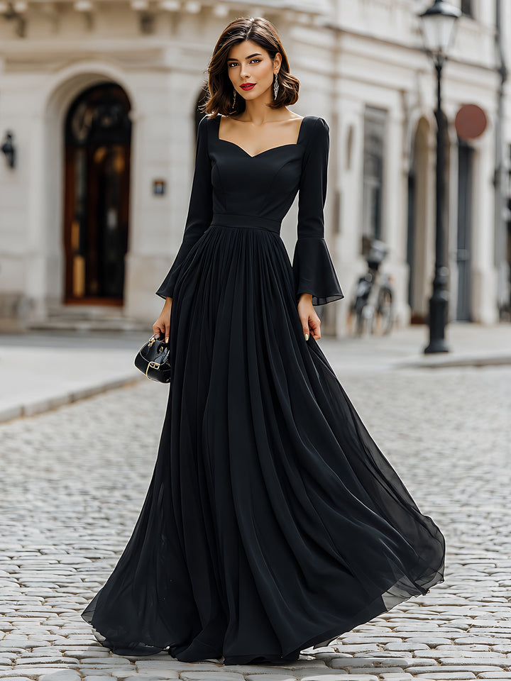 Flared-Sleeve Sweetheart-Neck Formal Maxi Dress