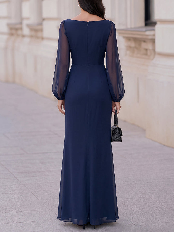 Boat Neck Sheer Long Sleeve Ruched Slit Chiffon Maxi Evening Gown
