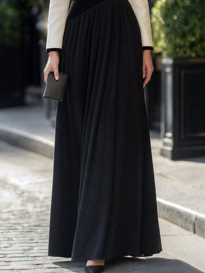Asymmetric Colorblock Long-Sleeve Flare Maxi Dress