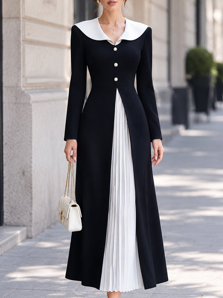 Contrast Sailor Collar Pleated-Panel Maxi Dress