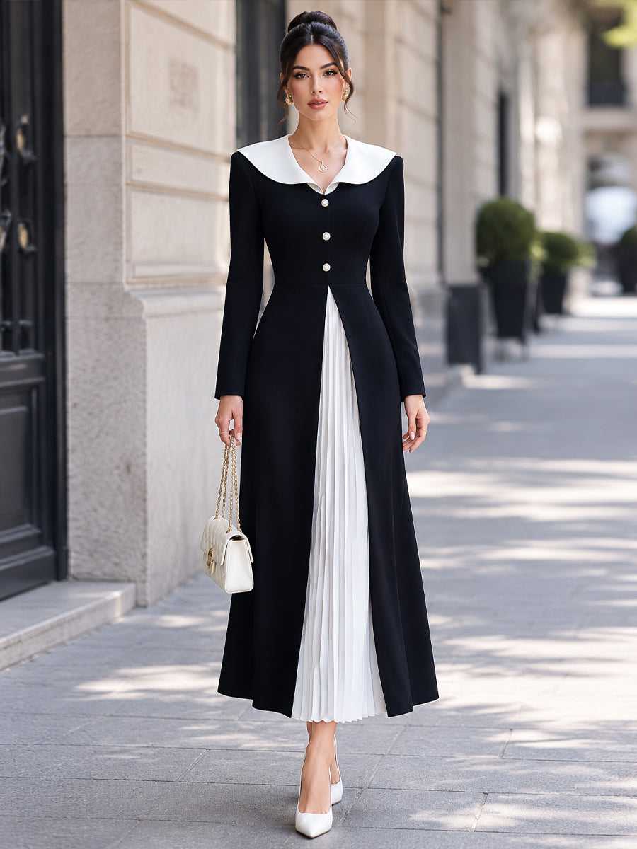 Contrast Sailor Collar Pleated-Panel Maxi Dress