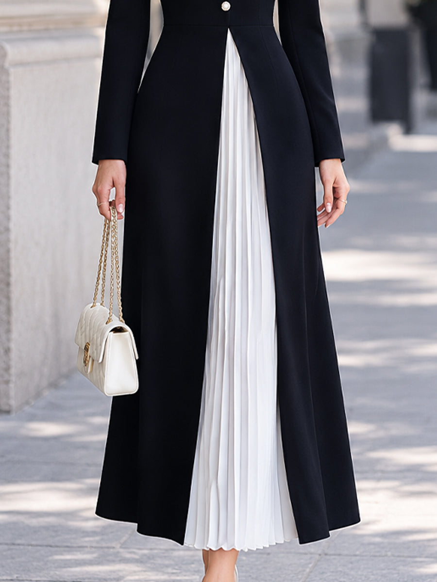 Contrast Sailor Collar Pleated-Panel Maxi Dress