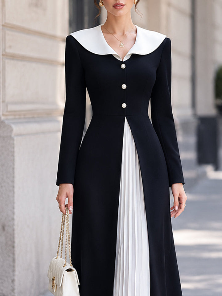 Contrast Sailor Collar Pleated-Panel Maxi Dress