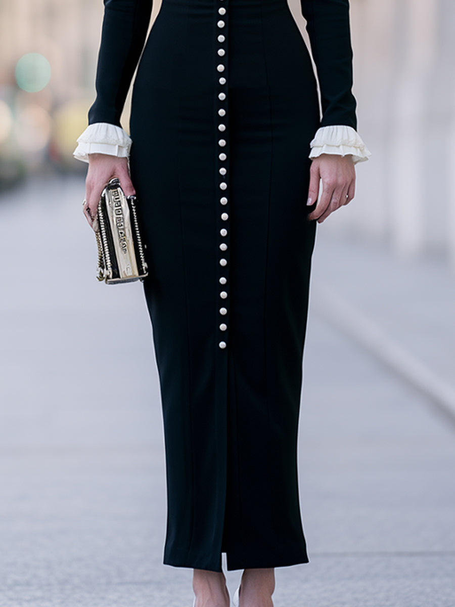 Ruffled V-Neck Pearl-Button Maxi Dress