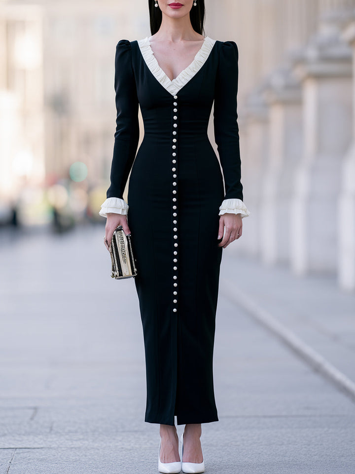 Ruffled V-Neck Pearl-Button Maxi Dress