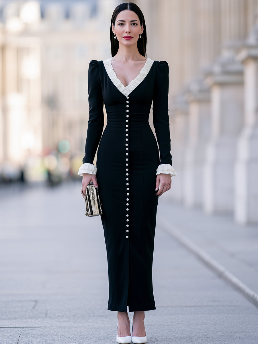 Ruffled V-Neck Pearl-Button Maxi Dress
