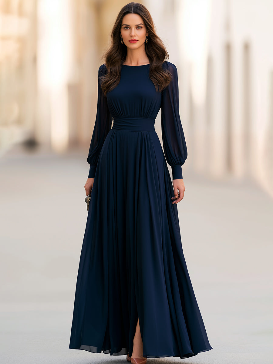 Elegant Chiffon Maxi Dress With Fitted Waist And Slit