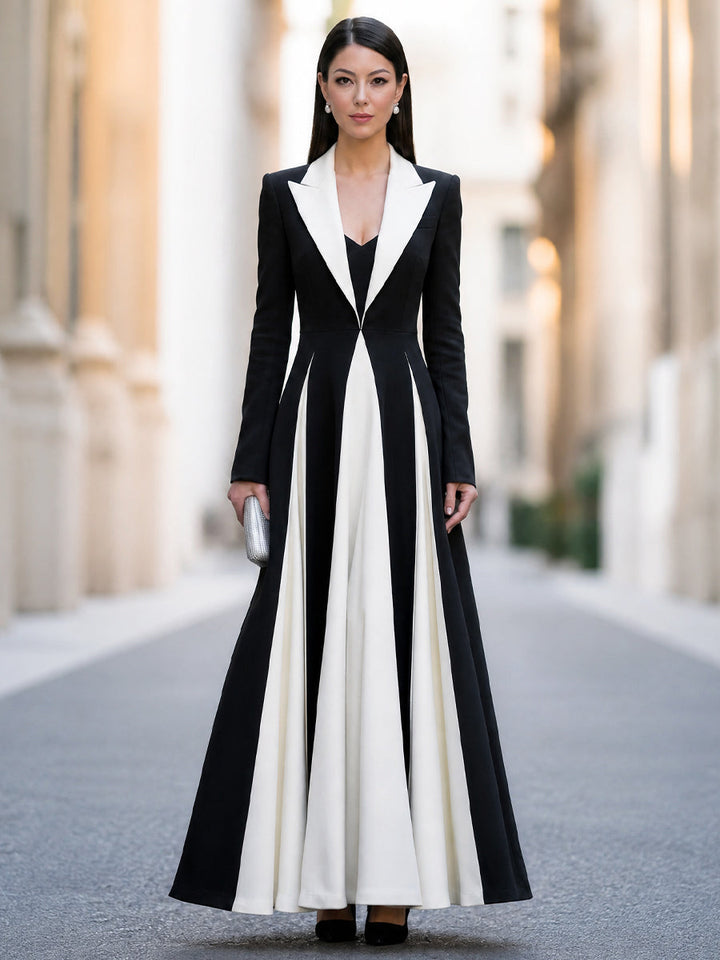 Contrast Color Block Long Sleeve Maxi Dress with Lapel Collar