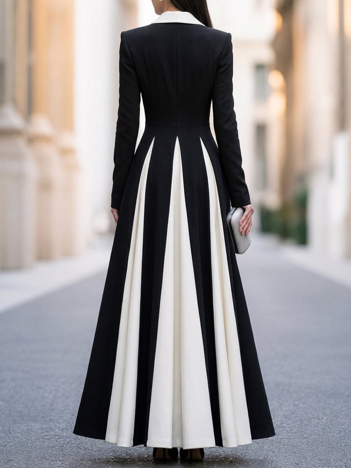 Contrast Color Block Long Sleeve Maxi Dress with Lapel Collar