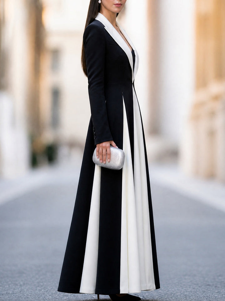 Contrast Color Block Long Sleeve Maxi Dress with Lapel Collar