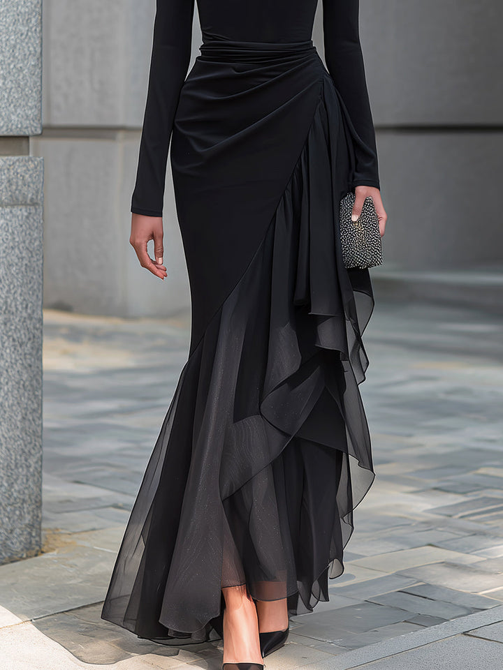 Draped Cowl Neck Layered Organza Panel Maxi Dress